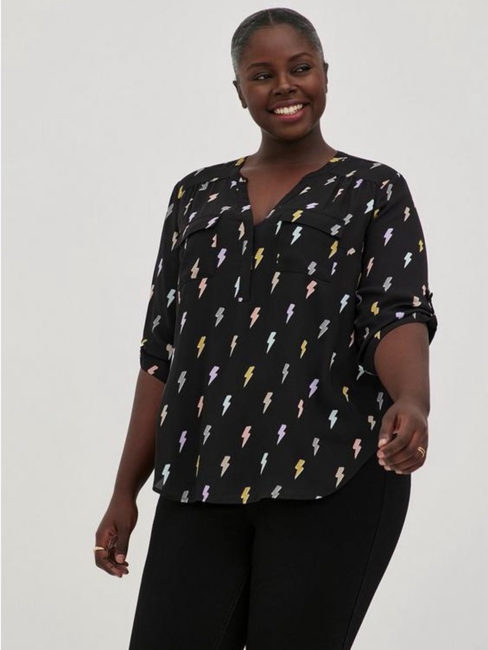 torrid Plus Size Harper Georgette 3/4 Sleeve Blouse - Lightning Bolt Print